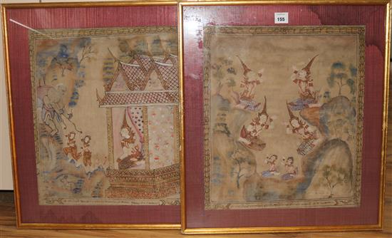 A pair of Thai paintings on fabric of Buddha figures in a landscape and in a pavilion, 19th century, 56cm x 48cm